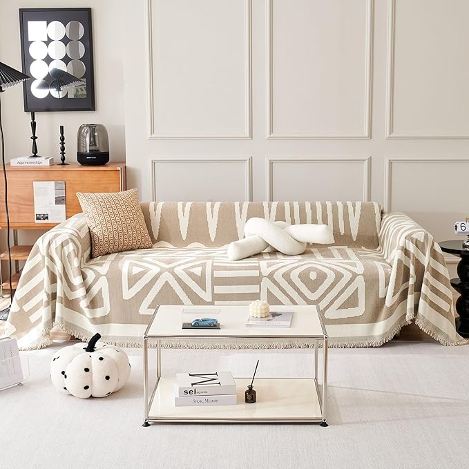 ROOMLIFE Boho Couch Cover for 3 Cushion Couch L Shape Sofa Covers for Sectional Sofa Reversible Silpcover for Dogs Washable Chenille Furniture Protector for Living Room,91"x134"