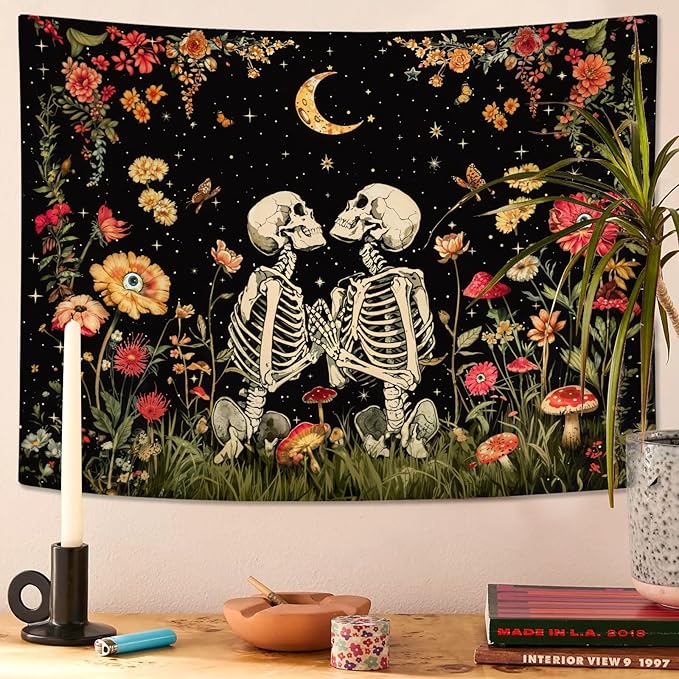 Wegklazax Floral Skeleton Lovers Tapestry Aesthetic Skull Gothic Tapestry for Bedroom The Lovers Wall Hanging for Bedroom Living Room Skull 44×60 Inches