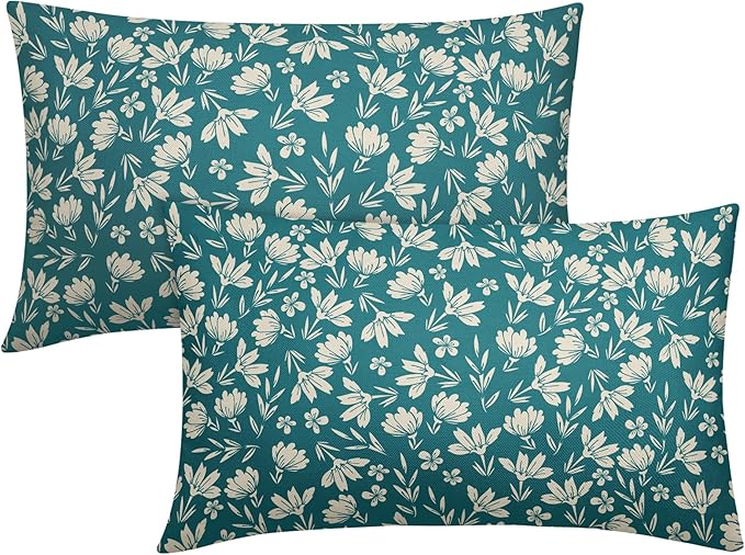Teal Pillow Covers 12x20 Set of 2 Vintage Floral Rustic Old Style Cute Flower Print Rectangle Decorative Outdoor Pillowcases Seasonal Farmhouse Throw Cushion Case Couch Sofa Bed Decor