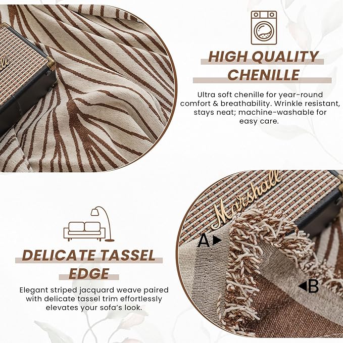 VClife XL Sofa Cover Chenille Couch Cover for 3 Cushion Couch Sofa, Modern Beige Chocolate Striped Couch Covers for Kids Washable Sectional Sofa Protector with Tassel 71"X134"