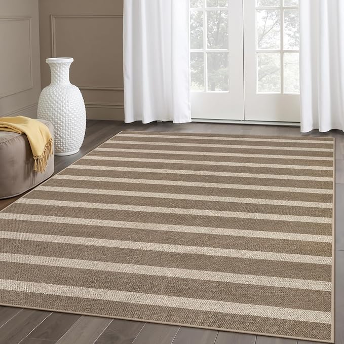 Lahome Elance Striped Easy Jute Rug, 5x7 Dining Room Office Rug Washable Outdoor Patio Rug, Farmhouse Neutral Non Slip Stain Resistance Indoor Outdoor Carpet for Deck Classroom, Khaki