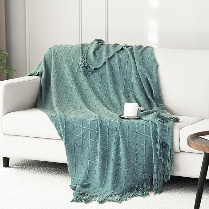 Throw Blanket for Couch Bed, Sofa Knit Blanket Farmhouse Throw for Living Room, Decorative Fall Throw Blanket for Chair, Outdoor Textured Boho Blanket（Green 51x67Inches）