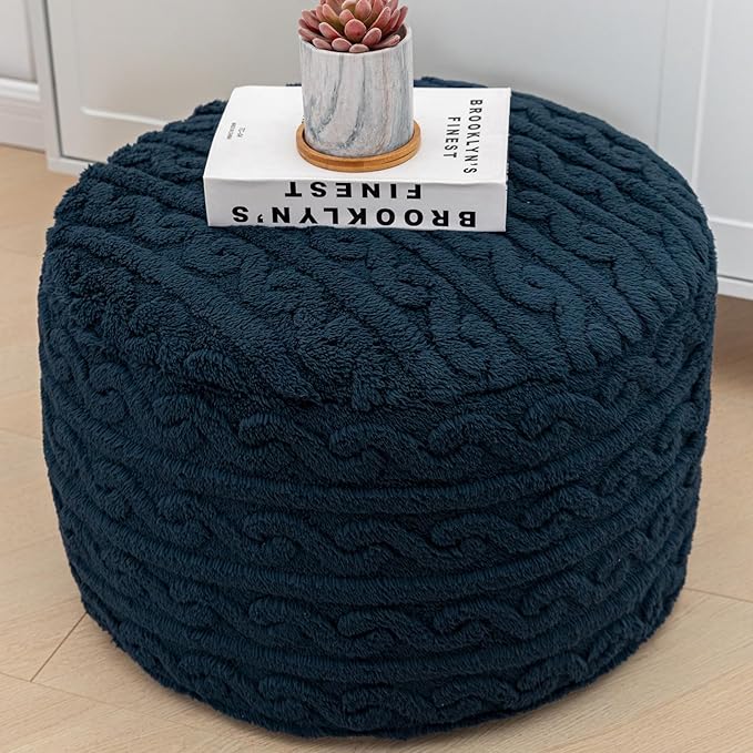 Asuprui Round Pouf Ottoman Stuffed Pouf Foot Stool Floor Chair for Living Room Bedroom Filled Boho Poof Foot Rest for Couch 20 Diameter x 12 Height Navy Blue Pouf with Filler