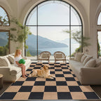 GarveeHome 9x12 Checkered Easy Jute Rugs for Bedroom Machine Washable Large Rugs Non-Slip Backing Modern Neutral Stain Resistance Carpets for Farmhouse Patio Dining Room Backyard Black Tan