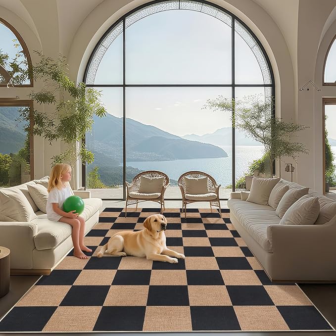 GarveeHome Checkered Easy Jute Area Rug 10x13 Machine Washable Non-Slip Stain Resistant Indoor Outdoor Rugs for Living Room, Bedroom, Kitchen, Dining, Patio Farmhouse Style Black Tan