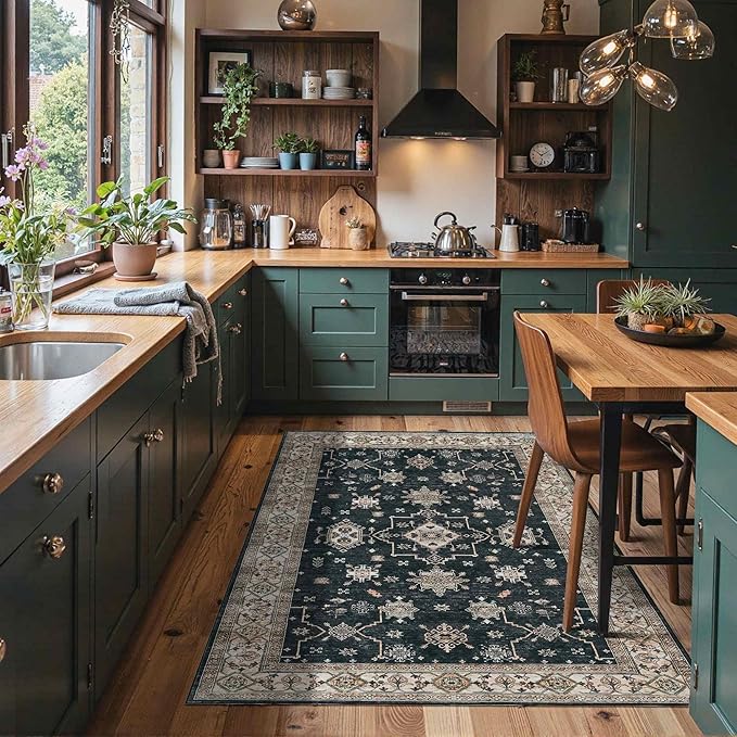 Area Rugs for Living Room Bedroom, Washable Rug, Black Vintage Floral Boho Rug, Non Slip & Low Pile Faux Wool Accent Carpet for Indoor Dining Room, Kids Room and Office(Black 4x6ft)
