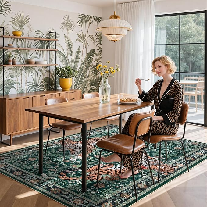 Moynesa Leopard 5x7 Area Rug, Boho Washable Living Room Rug, Non Slip Rugs for Bedroom, Ultra Thin Soft Animal Print Throw Floor Carpet for Office Dining Room, Green