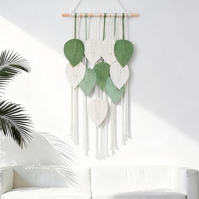 NYEONHRT Macrame Wall Hanging Boho Leaf and Feather Tapestry Handmade Woven Wall Art for Living Room Bedroom Nursery Decor 16x31 Inch (White green)