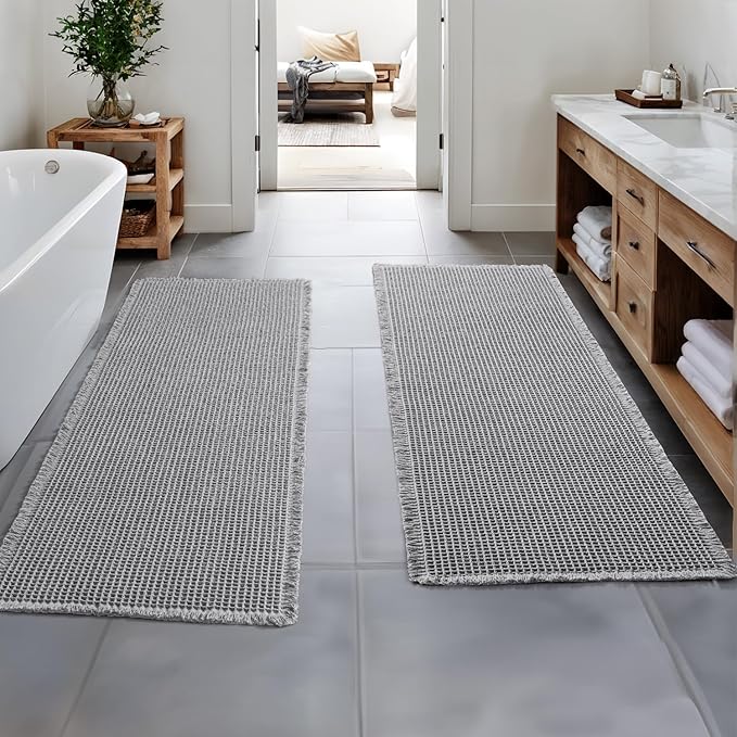 MIULEE Set of 2 Waffle Bathroom Runner Rugs, Boho Bath Rugs Non Slip Washable, Super Absorbent Runner Bath Mats, Rubber Backed, Ideal for Hallway Laundry Room, Light Grey, 2'x6'(24x72 Inch)