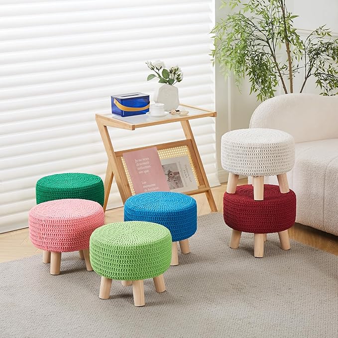 Wimarsbon Pouf Ottoman, 100% Cotton Knitted Boho Footstool, Round Footrest with Non-Skid Wood Legs, Home Décor Handmade Pouffe, Leisure Floor Step Stool for Living Room (Pink)