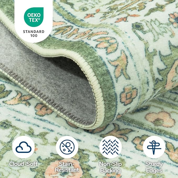 Lessymo 5x7 Washable Area Rug with Non Slip Backing,Soft Boho Indoor Carpets for Living Room Bedroom Nursery, Kid and Pet Friendly, Light Green