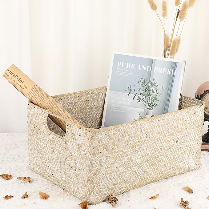 Hipiwe Wicker Shelf Baskets Seagrass Storage Opened Baskets Bin Built-in Handles Rectangular Closet Bedroom Organizer Box Multipurpose Woven Basket Home Organizer,Whitewash,14.6"x 10.6" x 7"
