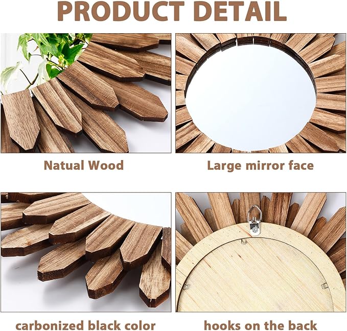 3 Pcs Boho Wall Decor Round Sunburst Mirror Boho Circle Mirror with Rustic Wood Frame Decorative Hanging Wall Art for Farmhouse Home Decor,17 Inch and 12 Inch(Wood Color)