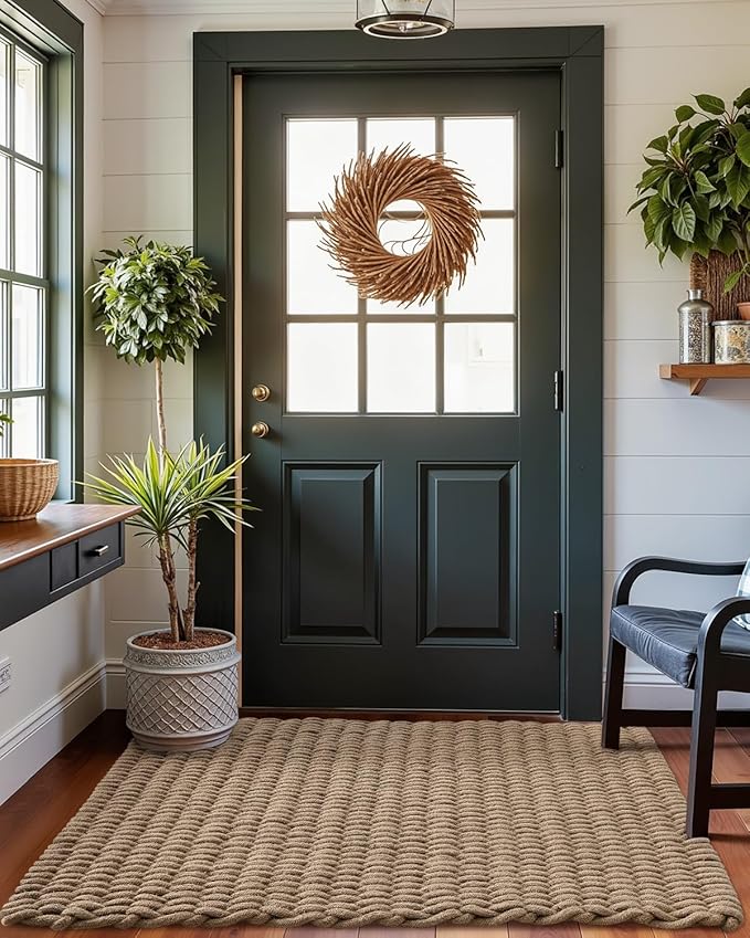 DEXI Jute Door Mat for Front Entryway, 24x35 Braided Woven Doormat Outside Entrance, Dirt Trapper Natural Fiber Entry Mats for Patio, Brown