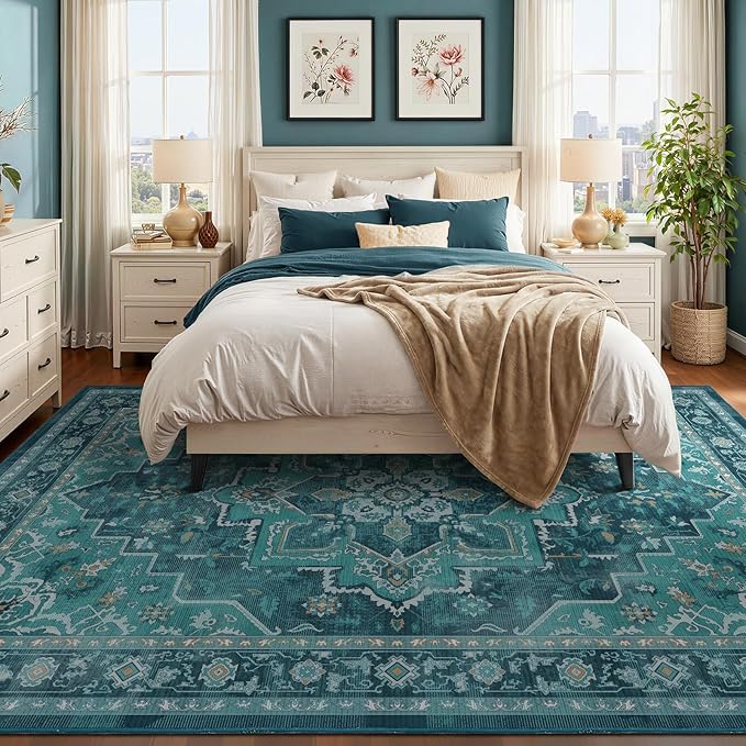 8x10 Teal Medallion Rugs for Living Room, Vintage Classic Washable Large Rug for Bedroom Under Bed, Vibrant Boho Low Pile Thin Soft Carpet Rugs for Dining Room Office