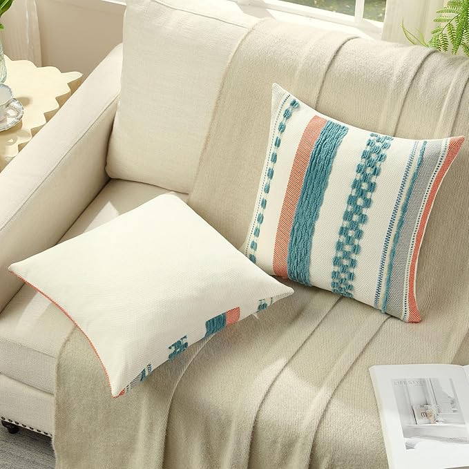 FUTEI Teal Decorative Throw Pillow Covers 20x20 Inch Set of 2, Soft Tufted Striped Textured Accent Cushion Case,Boho Pillows for Couch Decor