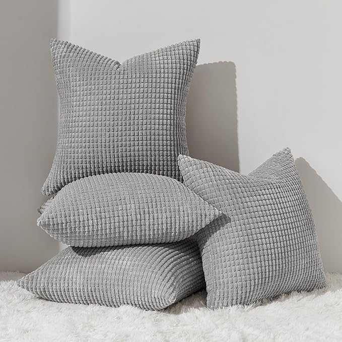 Topfinel Pack of 4 Decorative Throw Pillow Covers 24x24 Inch Soft Corduroy Boho Textured Striped Patchwork Pillow Covers Farmhouse Rustic Home Decor for Spring Sofa Living Room Couch Bed LightGrey
