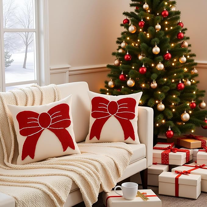 Tosleo Christmas Tufted Pillow Covers 18 x 18 inch Set of 2 Xmas Red Bow Throw Pillow Cover Party Decor Winter Holiday Embroidery Cushion Case for Sofa Couch Bed Living Room
