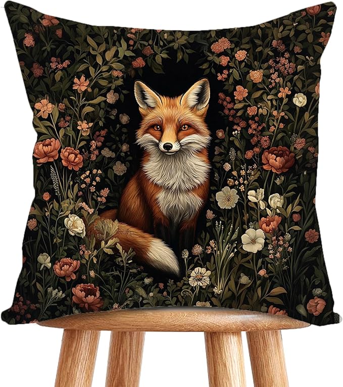 YOU FOUND ME William Morris Abstract Vintage Floral Fox Design Velvet Throw Pillow Covers Home Decor, Retro Art Decor Pillowcase Cushion Cover for Bed Sofa Living Room, Square 18x18inch (Orange-Fox2)