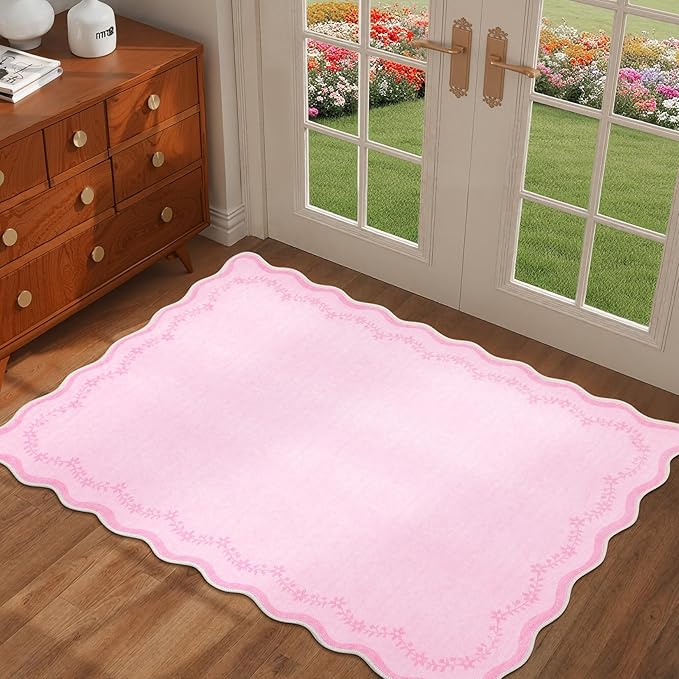 GarveeHome Scalloped Entryway Rug, 2x3 Valentines Solid Pink Washable Front Door Rug Indoor Entrance Floral Carpet Non-Slip Low Pile Throw Rugs for Kitchen, Powder Room, Entry, Bathroom, Kids Room