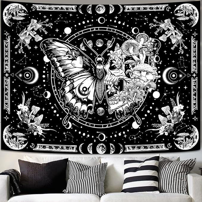 Skeleton Butterfly Tapestry Black and White Skull Mushroom Plants Tapestries Hippie Aesthetic Tapestry Wall Hanging for Bedroom Living Room Dorm (Black, 60” x 44”)