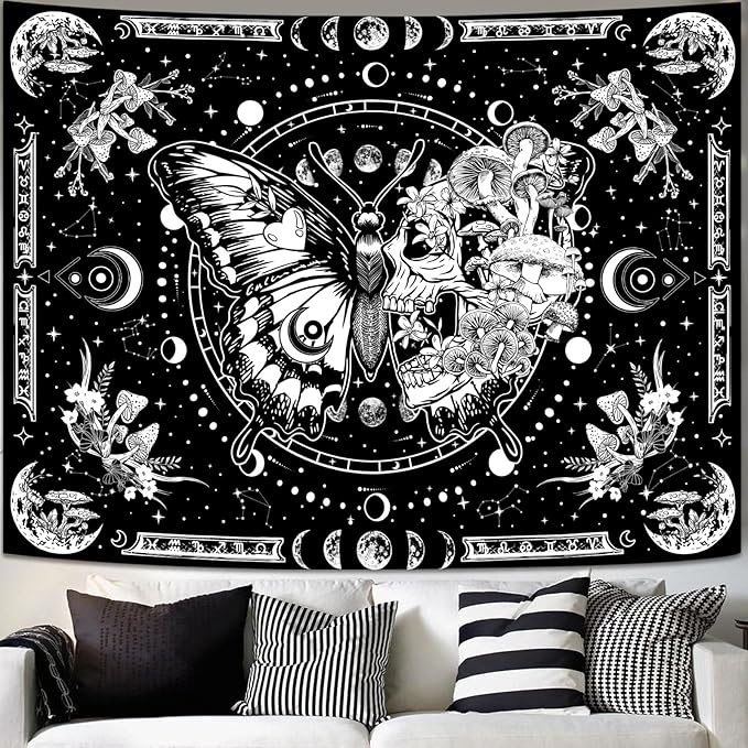 Skeleton Butterfly Tapestry Black and White Skull Mushroom Plants Tapestries Hippie Aesthetic Tapestry Wall Hanging for Bedroom Living Room Dorm (Black, 48” x 36”)