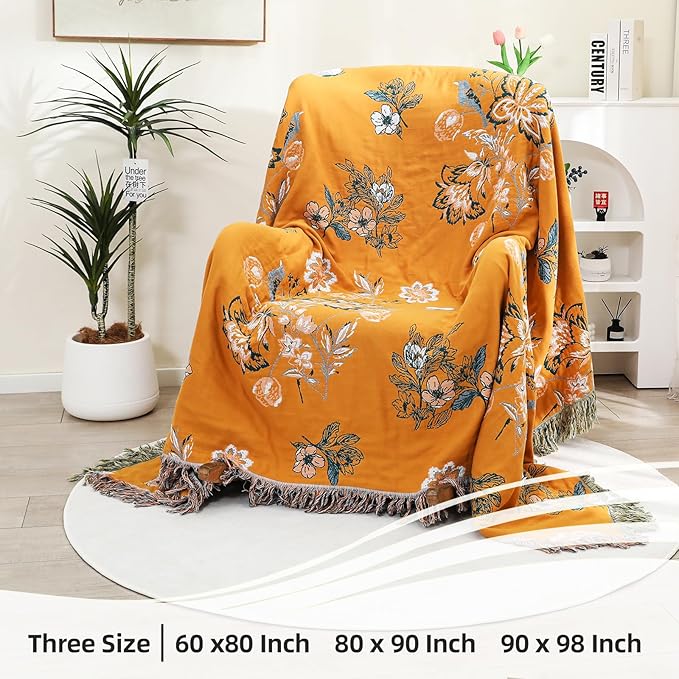 Boho Large Throw Blanket, 100% Organic Cotton Breathable Soft Bed Throw - Floral Bird Farmhouse Decor Blanket for Sofa Couch Chair Quilt and Gift. (Flower-Art, 91" x 98")