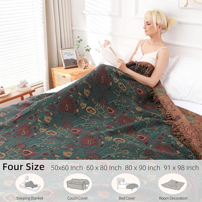 Boho Throw Blanket for Bed - 100% Pure Cotton Ultra Soft Rustic Quilt - Farmhouse Decor Bed Blankets, All Season Rustic Throw for Sofa Couch Chair(91''x 98'', Floral)