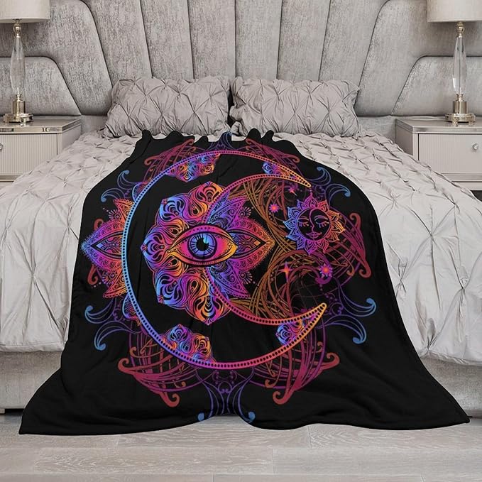 Boho Chic Throw Blanket Crescent Moon and Sun with Elements of The Mandala Pattern Blanket for Sofa Bed Couch Chair Or Dorm 60"x80"