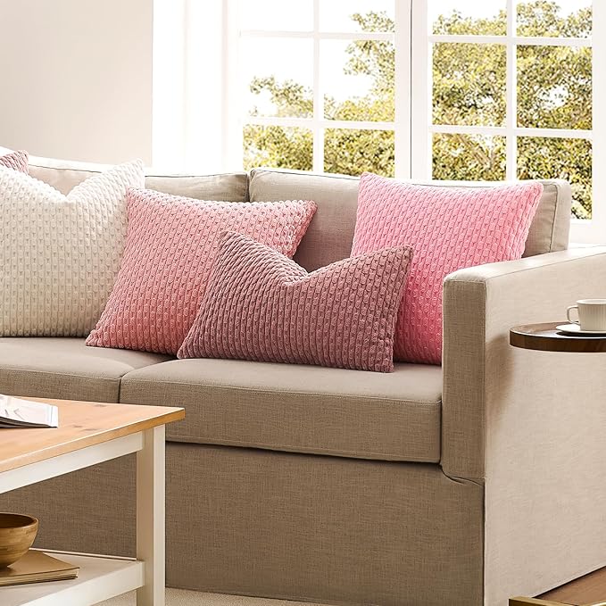 Kevin Textile Valentines 14x22 Inch Pillow Cover 1 Pack Boho Decorative Soft Striped Corduroy Lumbar Farmhouse Accent Rectangle Cushion Case for Living Room Couch Sofa Bed, Pink