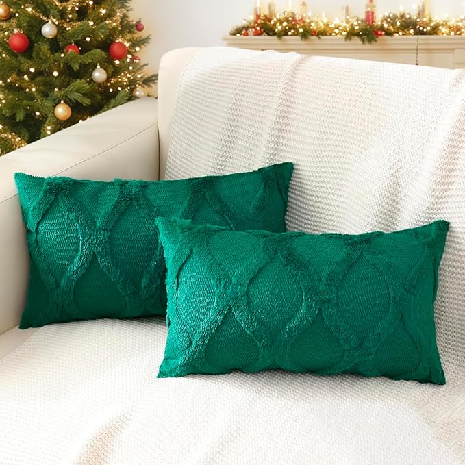 decorUhome Spring Throw Pillow Covers 12x20 Inch Set of 2, Soft Plush Faux Fur Wool Lumbar Green Accent Couch Pillow Covers for Modern Farmhouse Bed Sofa Living Room
