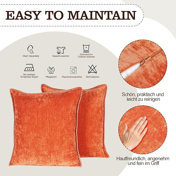 Decorative Throw Pillow Covers Pack of 2, 18x18 In Chenille Soft Pillow Covers with Stitched Edge, Farmhouse Neutral Euro Decorative Pillows for Bed Couch Sofa Home Decor Living Room, Rust