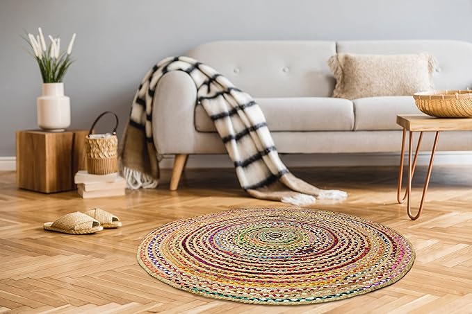 COTTON CRAFT Jute Cotton Chindi Braid Rag Rug - Boho Farmhouse Rustic - Handwoven Reversible Natural Jute and Recycled Cotton Throw Area Rug Carpet - Home Décor - 3 Feet Round Multi Color