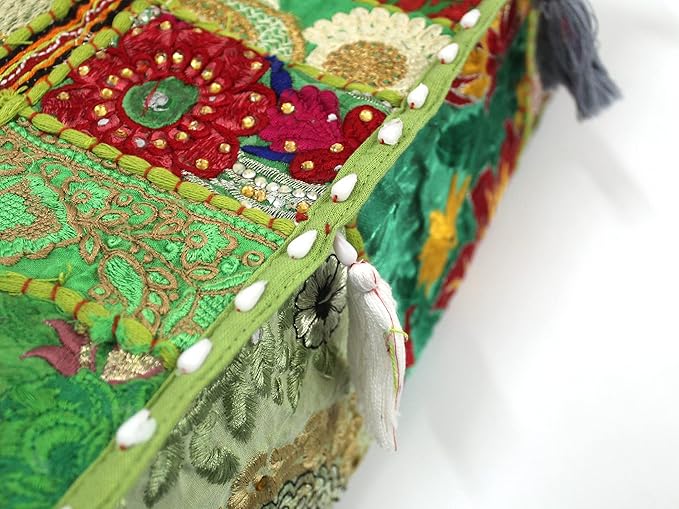 Mam Treasures Indian Bohemian Decorative Pillow Vintage Cushion Cover Patchwork Square Floor Pillow Cover Meditation Cushion Large Floor Pillow Indian Cushion (Light Green, 18 X 18 X 5 Inch)
