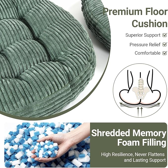 Large Floor Pillow for Adults, 22x22" Memory Foam Floor Cushion with Corduroy Cover, Round Floor Sitting Cushions for Meditation, Lounge,Seating for Yoga, Tatami Living Room (2, Round-Dark Green)