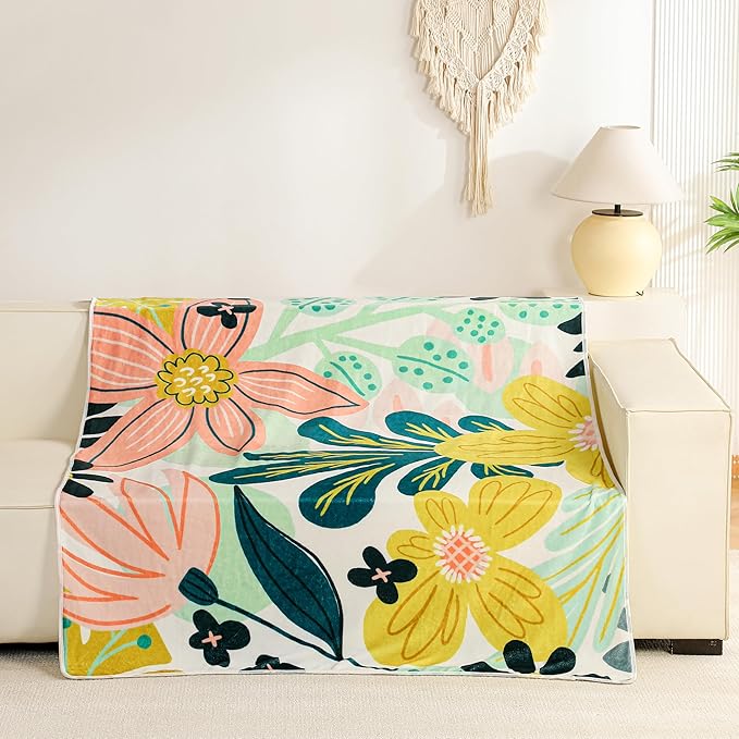 Boho Floral Flannel Fleece Throw Blanket – Soft, Warm & Lightweight Fuzzy Blanket for Couch, Bed, or Sofa Decor, Cute Botanical Design for Men Women & Girls, 50''x60'', Pink Green