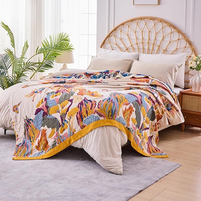 Boho Floral Throw Blanket, 100% Cotton Muslin Ultra Soft Sofa & Couch Cover, Bohemian Home Decor Gauze Quilt (Flower and Butterfly, 80"x90")