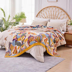 Boho Floral Throw Blanket, 100% Cotton Muslin Ultra Soft Sofa & Couch Cover, Bohemian Home Decor Gauze Quilt (Flower and Butterfly, 80"x90")