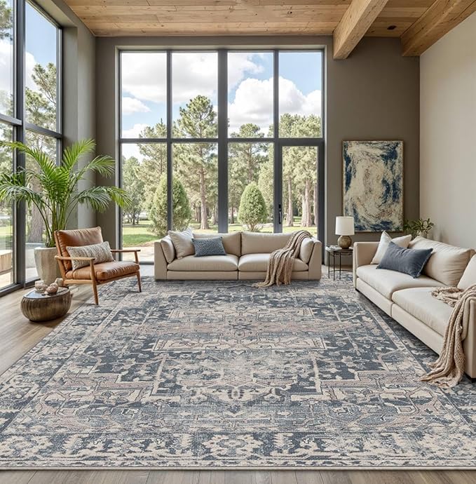 9x12 Area Rugs for Living Room Bedroom, Large Washable Rug, Blue Vintage Retro Boho Rug, Non Slip & Low Pile Faux Wool Thin Carpet for Indoor Dining Room and Kids Room(Blue 9x12ft)