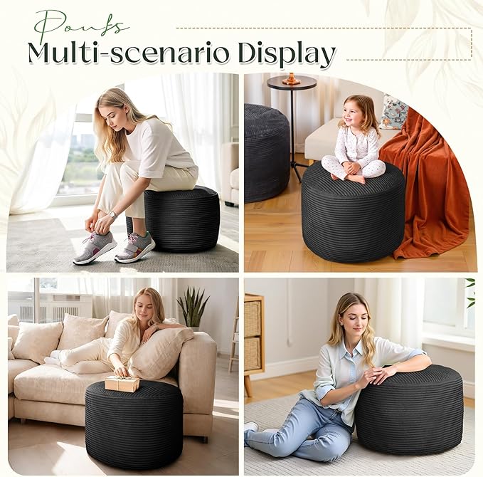 Round Corduroy Ottoman Foot Rest Pouf for Living Room Couch - Soft Plush Shredded Foam Filled Hassock Stool, Comfy Footstool