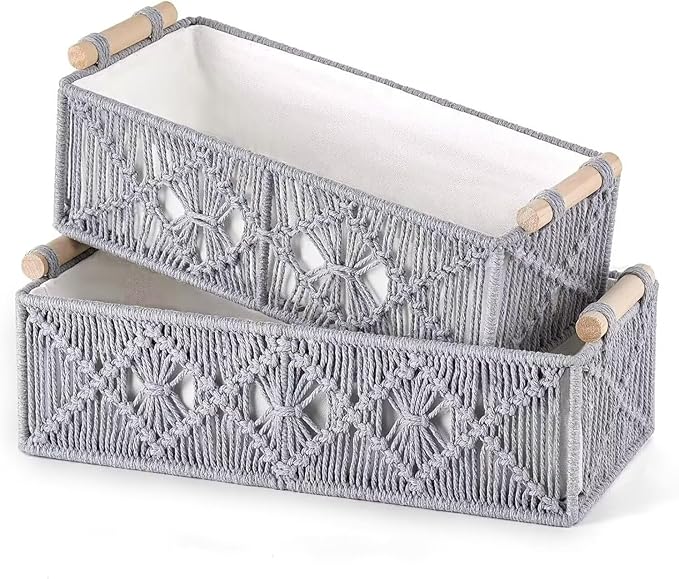 Macrame Storage Basket Boho Decor Baskets for Organizing Woven Decorative Basket for Countertop Toilet Paper Basket Toilet Tank Top Shelf Basket with Handle Bathroom Decor Nursery Gray