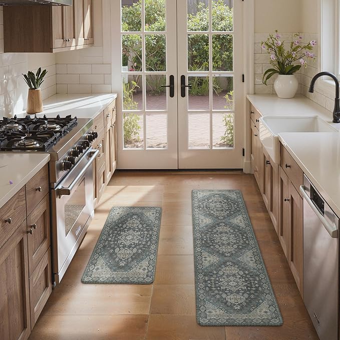 GENIMO Kitchen Mats for Floor, 2PCS Kitchen Rugs Non Slip Washable, Waterproof Anti Fatigue Mat, Comfort Standing Runner Rug for Sink, Office, Laundry, Home, 17.3"x59"+17.3"x30", Slate Blue