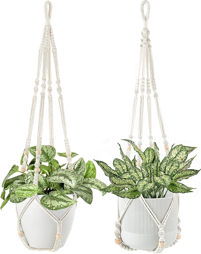Dahey Macrame Plant Hanger Indoor Hanging Planter Basket with Wood Beads Handmade Woven Cotton Rope Flower Pot Holder Stand for Boho Outdoor Home Decor No Tassels, 35 Inch, Set of 2