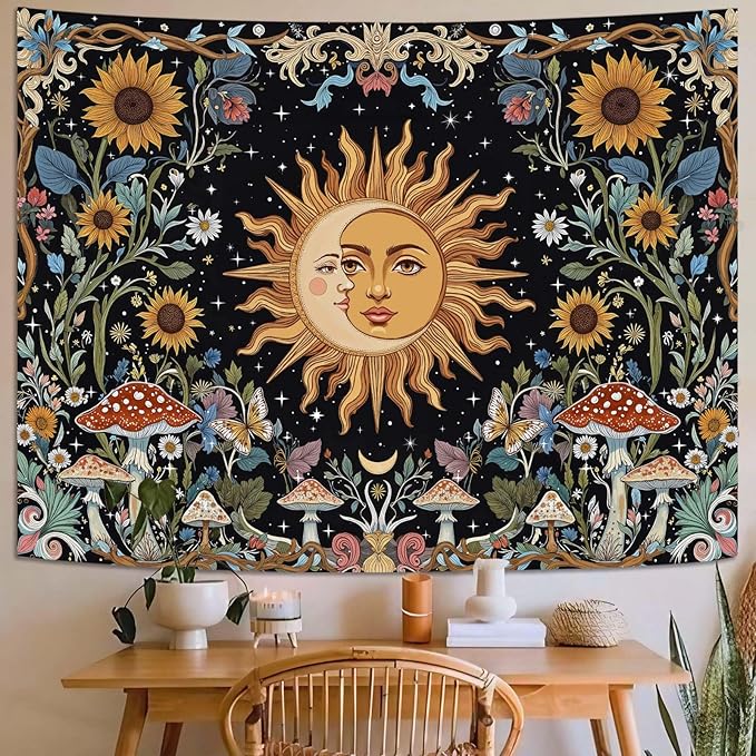 Fungarth Sun and Moon Tapestry Hippie Mushroom Boho Floral Wall Tapestry for Bedroom Aesthetic Vintage Sunflower Celestial Small Tapestries Wall Hanging for Living Room Dorm 60 x 44 Inch