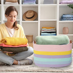 danpinera Large Laundry Basket, 108L Rectangle Woven Baskets for Storage for Living Room, Laundry, Nursery, Pillows, Baby Toy chest, Blanket Storage with Leather Handle, 25’’*16’’*16’’ Rainbow