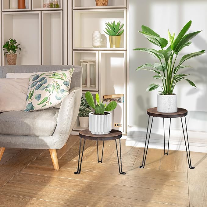 Yangbaga Wooden Plant Stands Indoor: 2Pack 11.81IN Round Planter Stands with Metal Legs,Mid Century Planter Holder for Home Decor,Multi-purpose Plant Table for Living Room/Patio/Garden/Balcony/Office