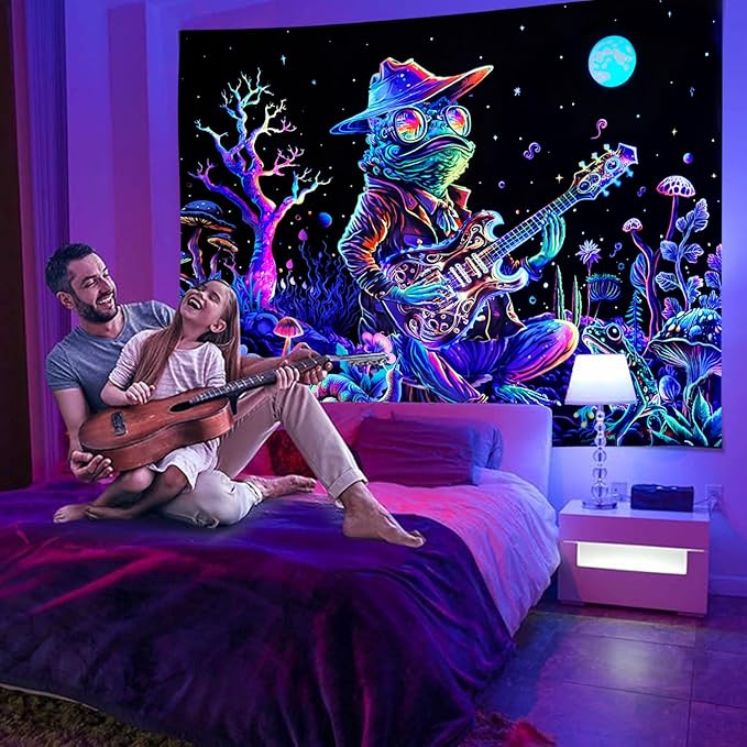 Galoker Blacklight Frog Tapestry Fantasy Neon Mushroom Tapestries UV Reactive Plant Floral Wall Tapestry Galaxy Space Tapestries Wall Hanging for Home Decor(H51.2×W59.1 inches)