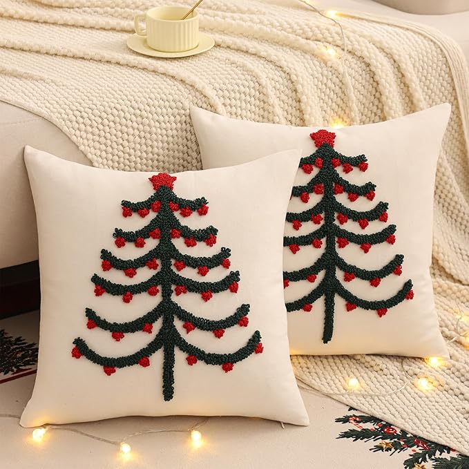 Tosleo Christmas Tufted Pillow Covers 18 x 18 inch Set of 2 Green Xmas Tree with Red Berry Throw Pillow Cover Party Decor Winter Holiday Embroidery Cushion Case for Sofa Couch Bed Living Room