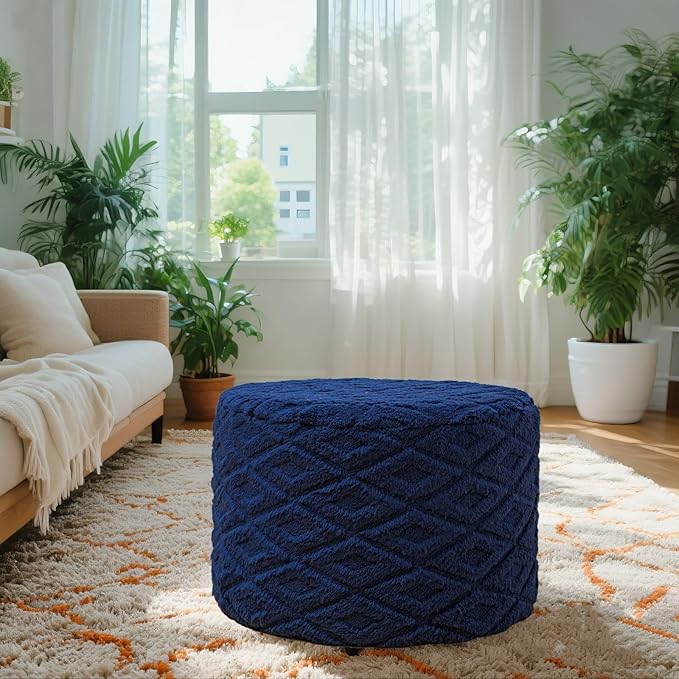 Fluffy Round Ottoman Pouf with All-in-One Foam Filling 20" x 14" Furry Ottoman Foot Rest Foot Stool for Living Room or Bedroom (Navy Blue)