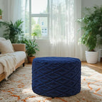 Fluffy Round Ottoman Pouf with All-in-One Foam Filling 20" x 14" Furry Ottoman Foot Rest Foot Stool for Living Room or Bedroom (Navy Blue)